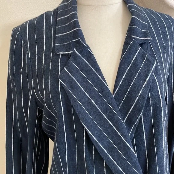 New FREE PEOPLE Stella Blazer Jacket Navy Blue White Stripe Fluted Sleeve - Picture 5 of 14